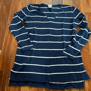 Navy blue and white striped V-neck sweater